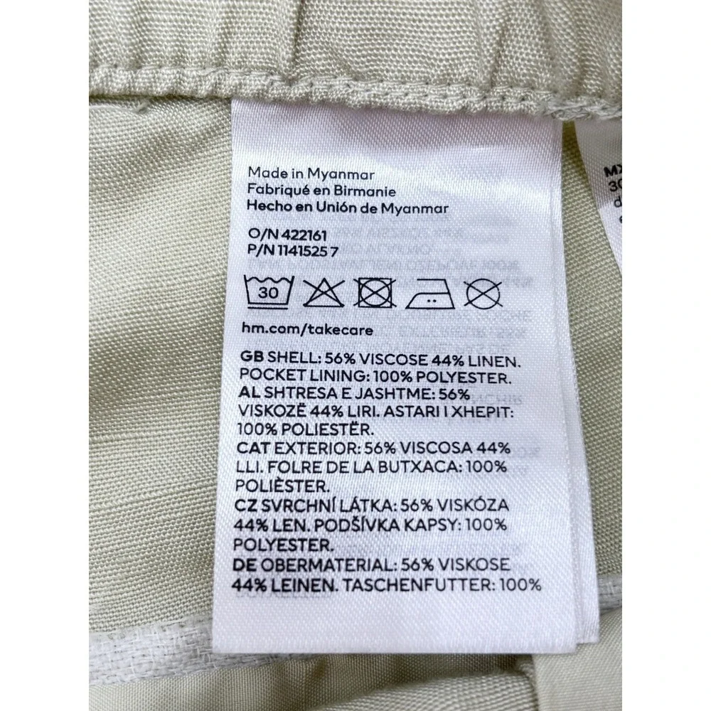 H&M Linen Blend Pleated Cropped Pants Womens US 6 Beige‎ Wide Leg Coastal